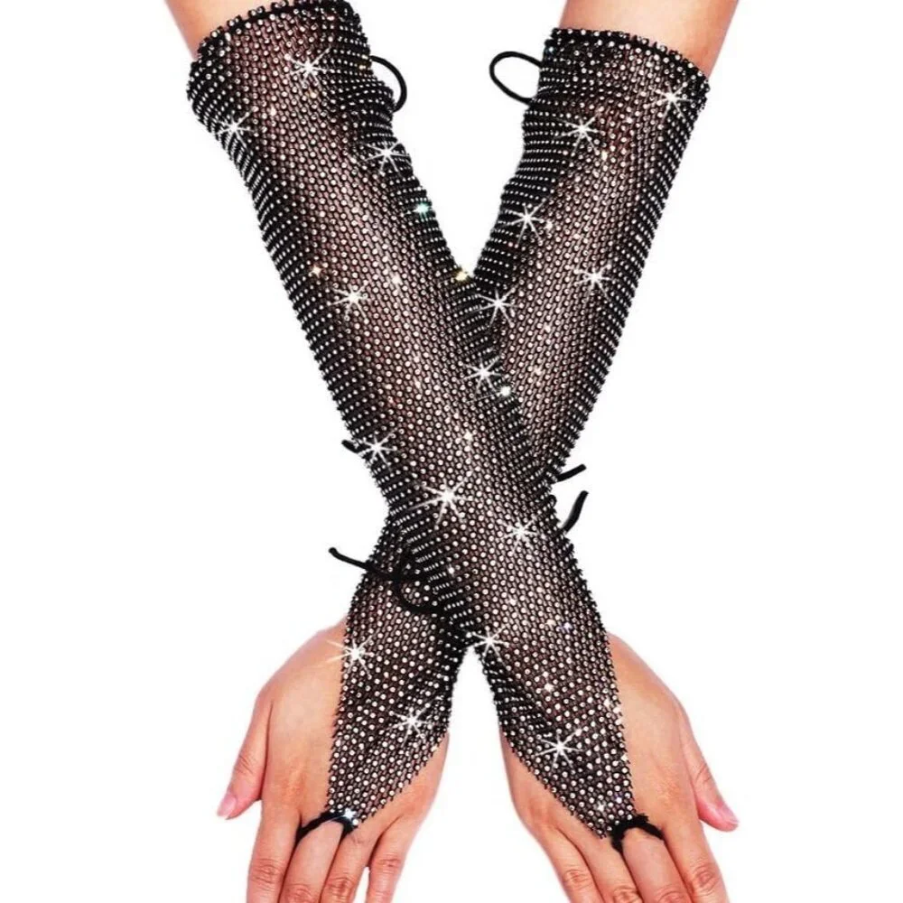 Women's Rhinestone Long Arm Rave Sleeves Fingerless Gloves Black Fishnet